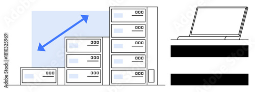 Server stacks of varying sizes with growth arrow expanding upward, linked to a nearby laptop. Ideal for technology, scalability, cloud computing, data architecture, IT solutions, remote work