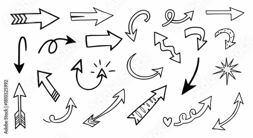 Collection of hand drawn arrows in various shapes and styles pointing in different directions