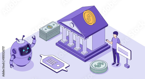 Digital banking and fintech concepts with robot and financial building illustration