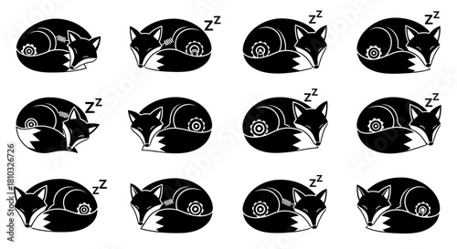 Cute sleeping fox icons, a collection of whimsical animal designs, evokes peaceful nights and sweet dreams, perfect for storybooks and branding projects