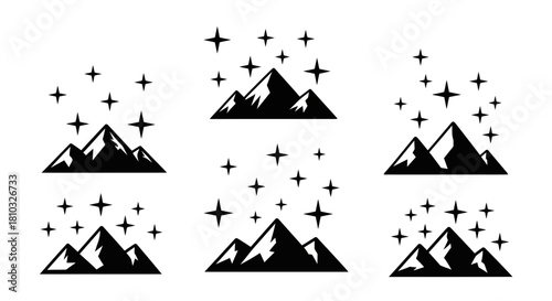 Majestic mountain peaks meet celestial stars, offering a sense of adventure and wonder, ideal for branding, logos, and inspirational themes