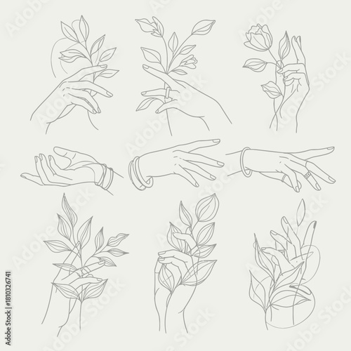 Elegant hand line art collection with floral elements, jewelry, and minimalist design, ideal for sophisticated branding, invitations, and stylish social media posts