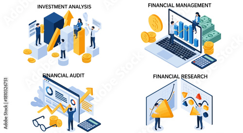 Financial concepts illustrated with modern isometric icons for investment, management, audit, and research
