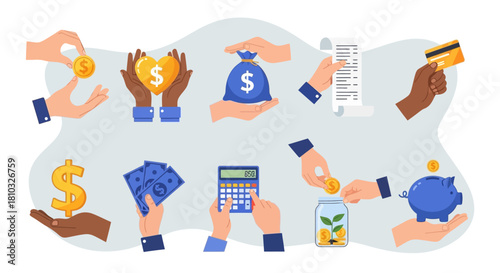 Hands Holding Money and Financial Elements Vector Illustration