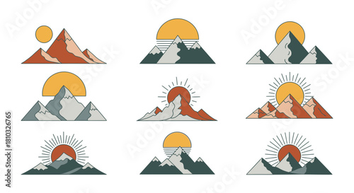Stunning mountain range peaks graphic set with suns, perfect for adventure logos or outdoor brand designs, evokes freedom and exploration, originally a vector