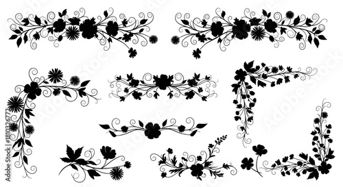 Elegant floral silhouette flourishes, perfect for invitations, cards, and designs that need a touch of nature's beauty, ideal for crafting and artistic projects