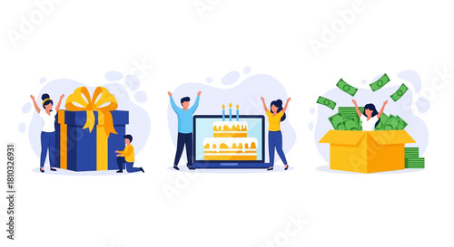 Happy people celebrate gifts, online birthdays, and money success. Illustrations show joy, rewards, and prosperity in various life achievements