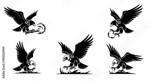 Dynamic eagle emblems capturing power and motion, perfect for sports teams, gaming, or fierce brand identities, showcasing striking predatory focus.