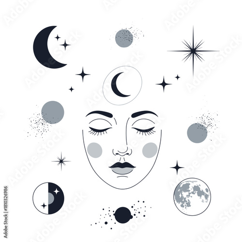 Mystical celestial face with crescent moons, stars, and planets evokes cosmic wonder and serene introspection for modern design projects.