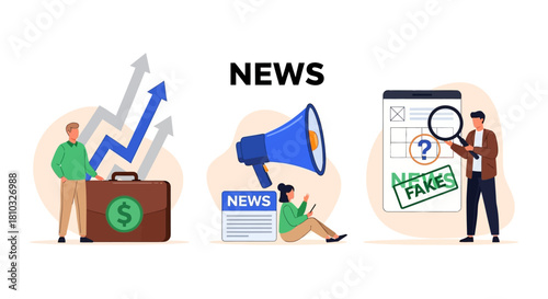 Financial News and Information Analysis with Magnifying Glass on Fake News and Growth Charts