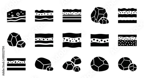 Discover geological layers and rock formations, essential icons for earth science, mining, and construction projects.