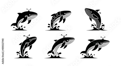 Dynamic whale breaching ocean waves, a playful and majestic aquatic symbol, perfect for marine life branding and cheerful designs