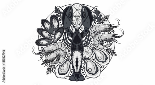 Illustration of a seafood platter with lobster, shrimp, mussels, and oysters with lemon slices