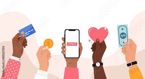 Community fundraising and support concept with diverse hands contributing money and love through a mobile app for charity