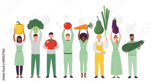 A diverse community of people holding giant fresh vegetables, promoting a healthy, vegan, and organic lifestyle in a flat vector illustration