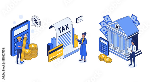 Isometric Financial Icons Tax, Banking, and Accounting Symbols