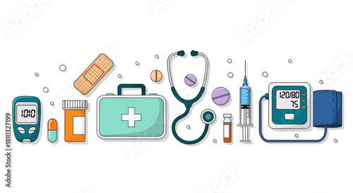 Comprehensive vector illustration of essential medical supplies and diagnostic tools for healthcare, first aid, and patient treatment, presented in a clean, modern flat design