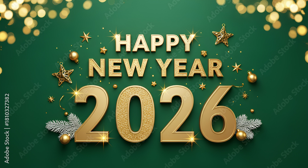 Naklejka premium Festive banner with Merry Christmas and Happy New Year 2026 on a bright green background with glowing bokeh lights. Holiday greeting design with cheerful and sparkling seasonal mood.