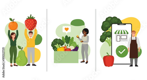 Healthy lifestyle choices and online grocery shopping illustration