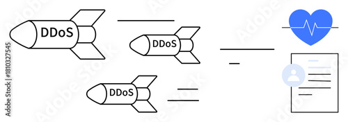 Missiles labeled DDoS heading toward icons representing health and personal data, symbolizing cyber threats. Ideal for cybersecurity, cybercrime, data protection, healthcare security, hacking