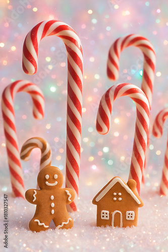 Candy Wonderland with Giant Candy Canes and Gingerbread Cookies on Snowy Surface, Festive Pastel Lights