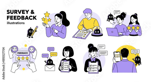 Customer Survey and Feedback Illustrations A Collection of People Giving Opinions and Ratings