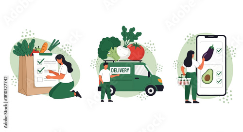 Online grocery shopping delivery illustration with a person checking list, delivery van, and phone ordering