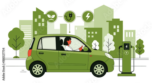 A woman charges her electric car in a vibrant green city, highlighting sustainable urban transport and clean energy. Modern vector illustration for eco-friendly mobility