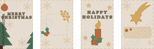 Minimal Christmas Card Set – Cozy Winter Holiday Stitched Illustrations