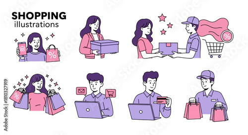 Diverse Shopping Illustrations Showcasing Online and In-Store Purchases