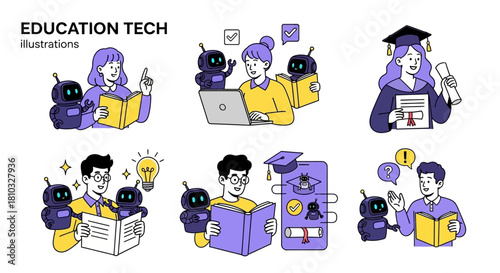 Modern vector graphics illustrating innovative education technology, where AI assistants enhance student learning, online courses, and academic achievement