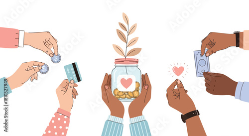 Hands Contributing to a Charity Jar with Heart Symbol
