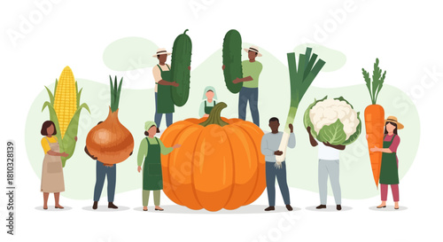 Farmers Gathering with Harvested Vegetables Corn, Pumpkin, Onion, Zucchini, Leek & Cauliflower Vector