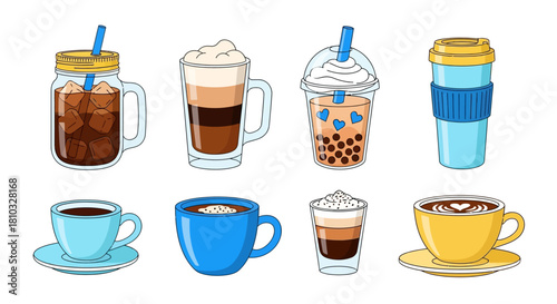 A diverse collection of cartoon coffee and tea beverages, including latte, iced coffee, and bubble tea, presented as a colorful vector illustration set