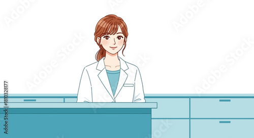 Illustration of a cheerful female pharmacist standing behind a reception desk