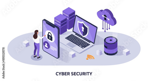Isometric vector concept of digital data protection and network security, showing a user interacting with a secure cloud network and devices