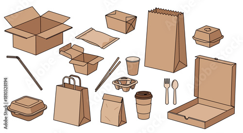 Vector set of eco-friendly brown paper and cardboard takeaway food packaging. Includes sustainable disposable containers, bags, cups, and boxes for modern delivery