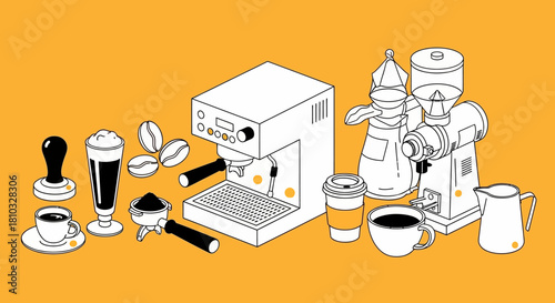 A vibrant isometric vector illustration depicting an assortment of essential coffee preparation tools and various popular coffee drinks, rendered in a clean line art style
