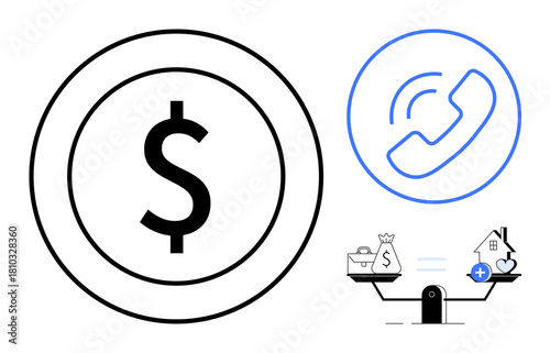 Financial balance concept. Dollar symbol, phone communication, and asset balance icon wealth management and communication. Financial planning, budgeting, investments, and economic strategies. Ideal