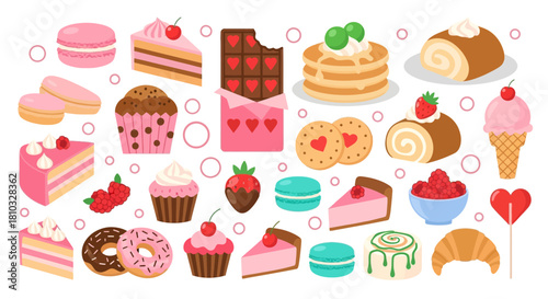 A delightful assortment of sweet treats including cakes, donuts, ice cream, macarons, and pastries, perfect for any celebration or indulgence