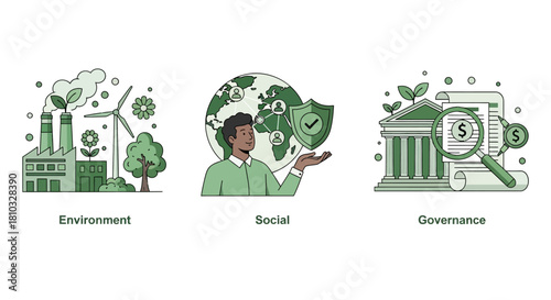 Conceptual vector set illustrating corporate responsibility principles for sustainable investment and ethical impact