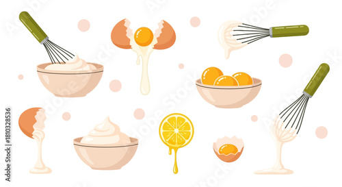 Vector illustration set of food preparation elements for making homemade mayonnaise or cream sauce with whisk, eggs, and lemon