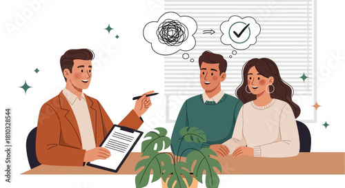 Vector illustration of a family counselor providing psychological assistance to a couple, transforming confusion into a positive outcome