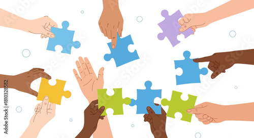 Diversity in Teamwork Hands Assembling Puzzle Pieces Representing Unity and Collaboration