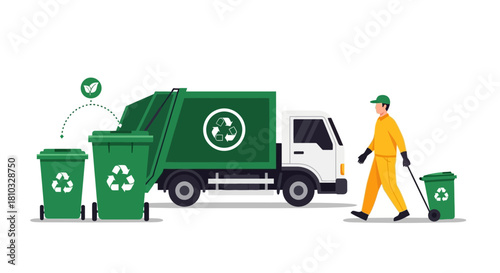Garbage truck and recycling bins illustration, waste management and environmental protection concept