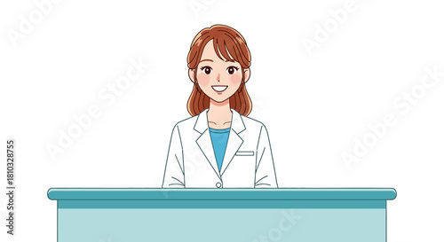 A young woman doctor or pharmacist in a white lab coat smiles welcomingly from behind a reception counter. Vector character illustration for healthcare concepts
