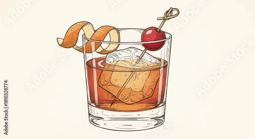 Illustration of old fashioned cocktail with cherry and orange peel garnish in glass cup on light background