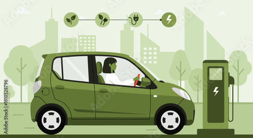 Eco-friendly electric vehicle charging at a station with a city skyline background, a flat vector concept for green energy transportation