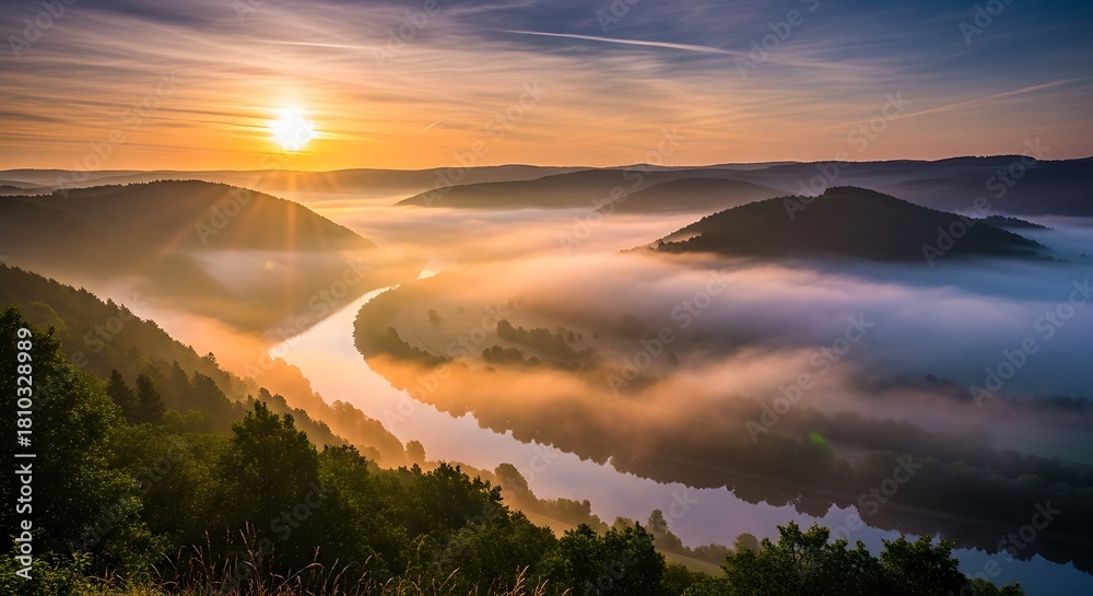 Obraz premium Sunrise Over the Saar River Valley - A Misty Morning Landscape.
