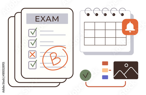 Exam sheet marked with grades beside a calendar, notification bell, data infographic, and image thumbnail. Ideal for education, organization, productivity, planning, reminders analytics
